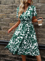Blooming Floral Wrap Neck Dress - Elegant Short Sleeve, V-Neck, A-Line Silhouette, Spring & Summer Essential, Women's Clothing for Chic Occasions