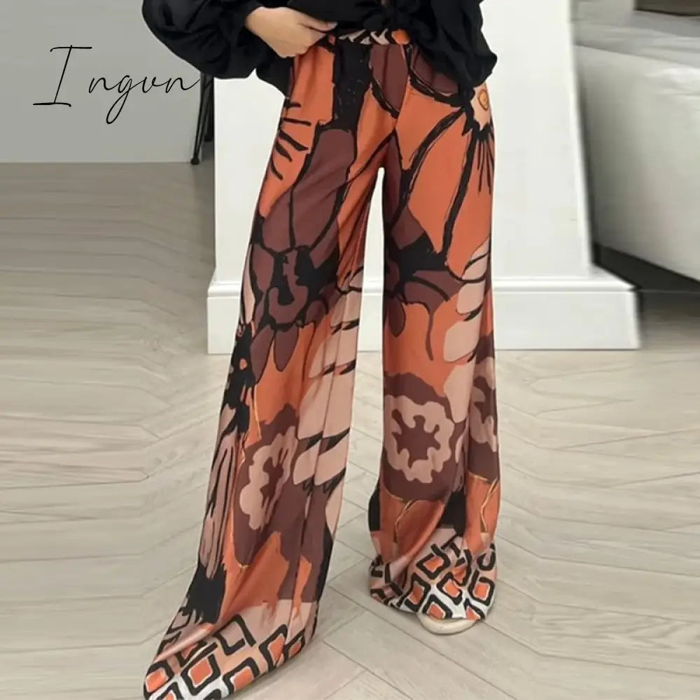Ingvn - Women 2023 Casual Beach Long Pants New Printed Fashion Wide Leg Pants Lady Leisure Home Relaxed Flower Loose High Waist Trousers