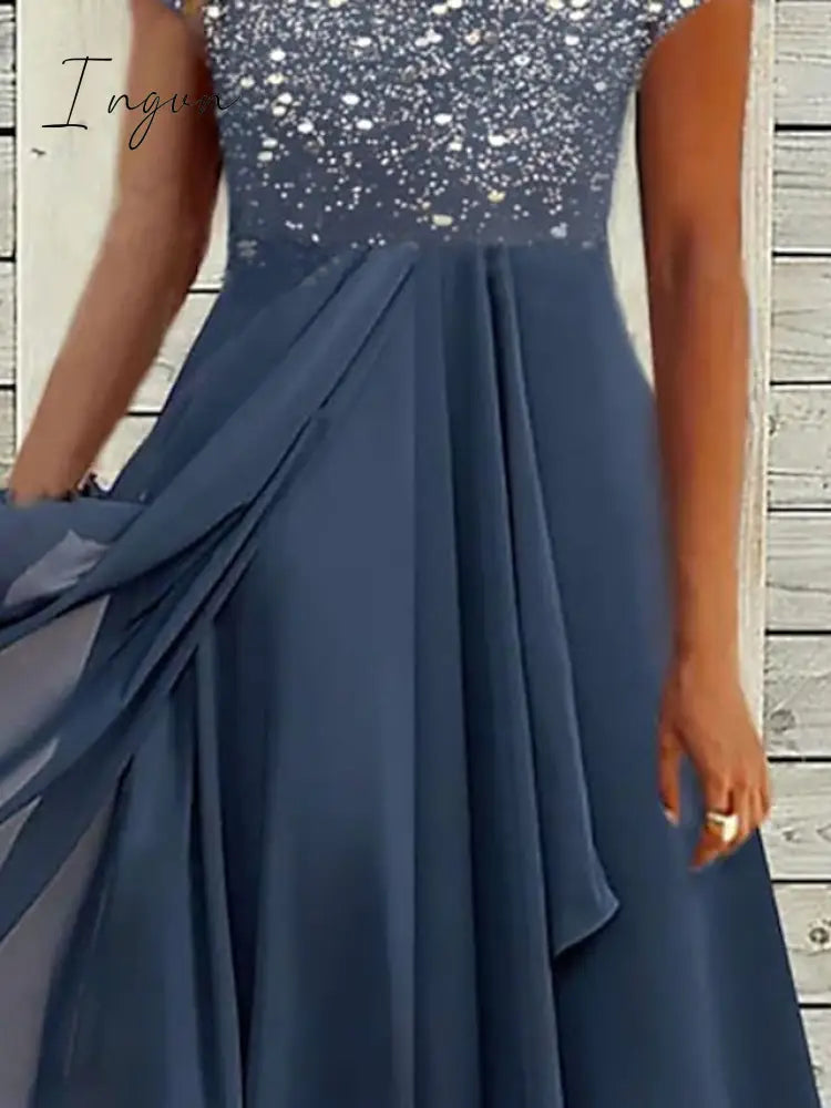 Ingvn - Women‘s A Line Dress Chiffon Dress Midi Dress Navy Blue Short Sleeve Color Gradient Patchwork Spring Summer V Neck Stylish Elegant Party 2023 S M L XL XXL 3XL / Party Dress