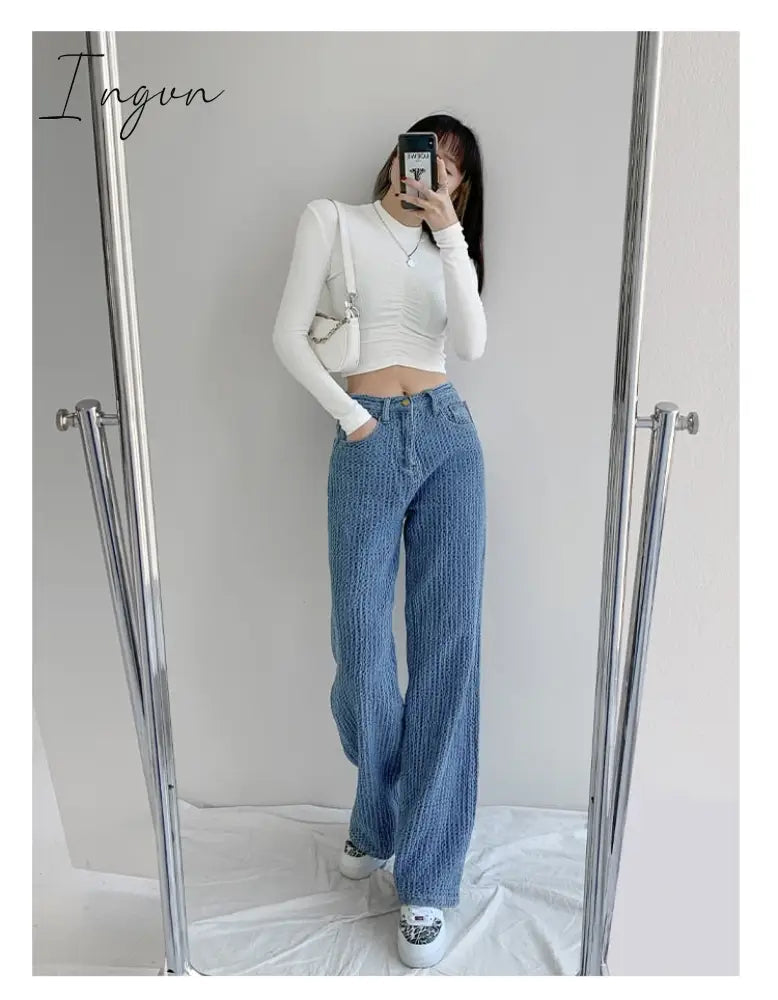 Ingvn - Women Jeans High Waist Casual Streetwear y2k Baggy Office Lady New Fashion Korean Denim Trousers Female Straight Wide Leg Pants