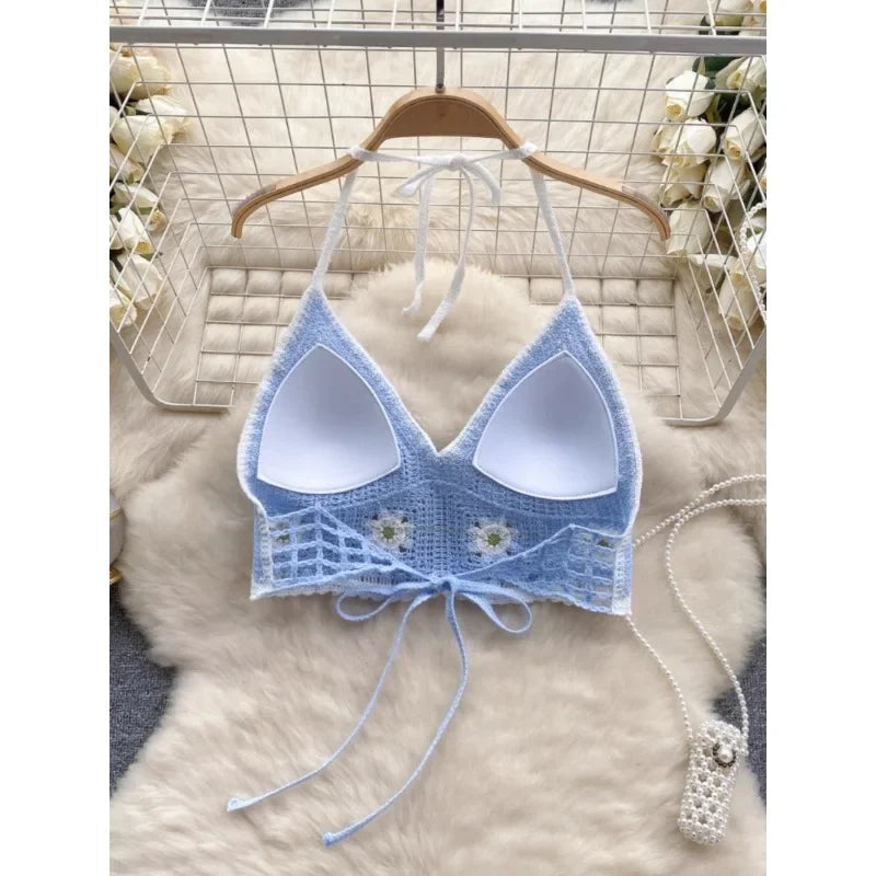 Vacation Style Camis Vest Women Patchwork Sweet Hook Flower Sexy Backless Suspender Camisole Hanging Neck Outwear Crop Tops