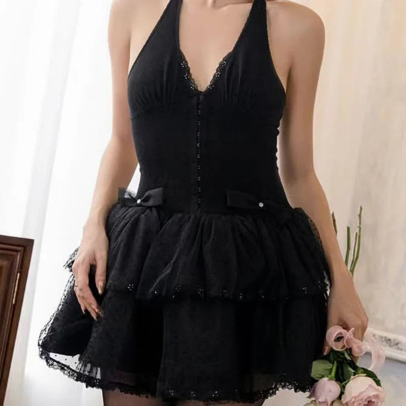 French Style Retro Spicy Girl Halter Mini Black Dress Women Fashion Backless Lace Spliced Bow Sexy Dresses Summer Robe