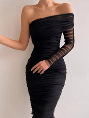 See Through Mesh Midi Dresses For Women Fold Sexy Slim Cocktail Dress Woman Wedding Bodycon Off Shoulder Dress Women's