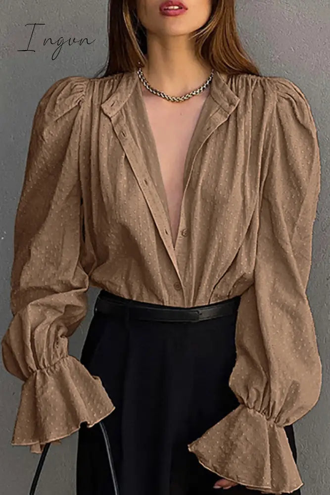 Ingvn - Sweet Elegant Solid Flounce Mandarin Collar Blouses(3 Colors)