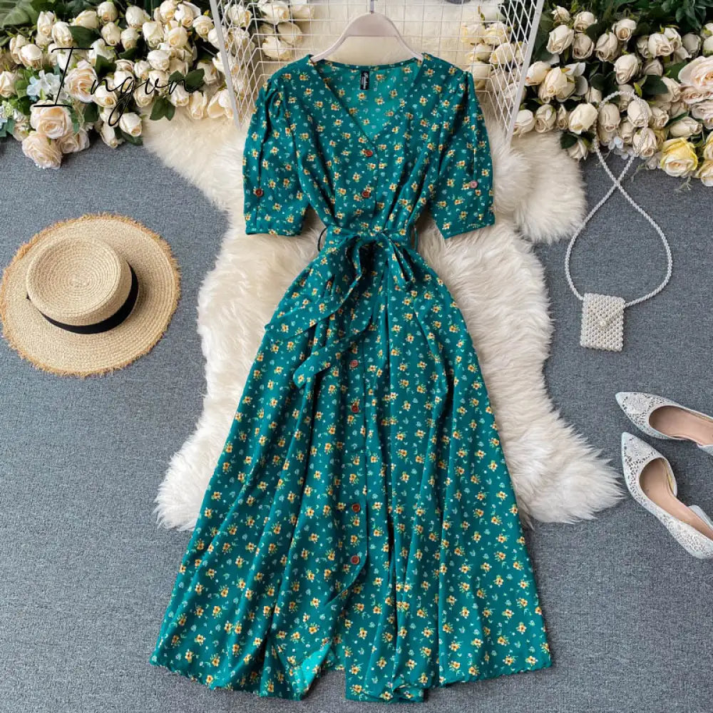 Ingvn - beach Red elegant sexy Dress women Summer Autumn V-neck polka dot midi dress waist split dress vestidos de fiesta clothes