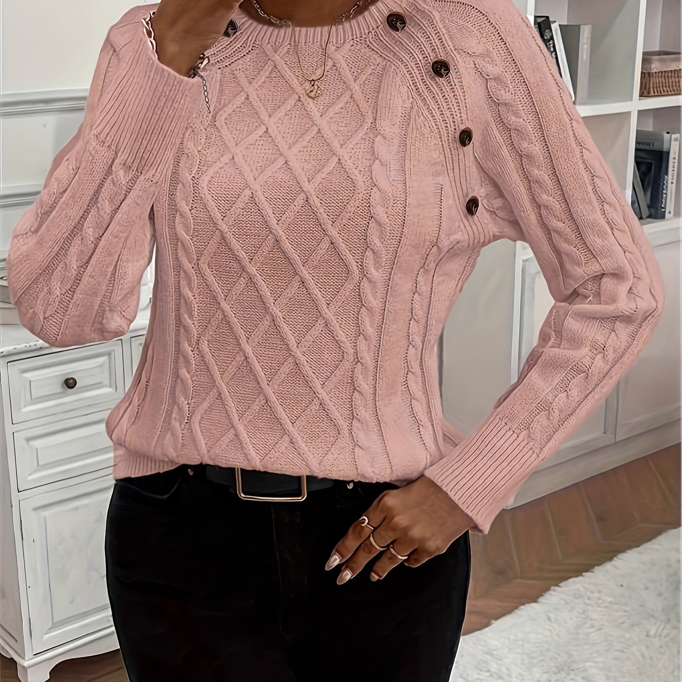 Solid Cable Knit Sweater, Casual Crew Neck Long Sleeve Sweater, Women's Clothing