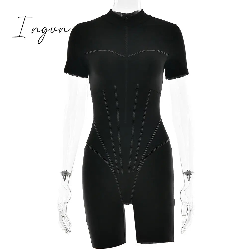 Ingvn - 2023 New Short Sleeve Playsuit Women Overalls Spring Striped Zipper Sporty Rompers Ladies Casual Bodycon Playsuits