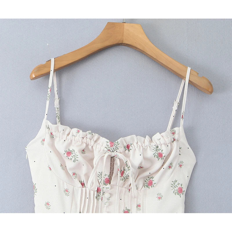 Elegant Women French Style Lace Trim Floral Print Sling Long Dress Sexy Thin Straps A-line Summer Dresses Holiday Robe