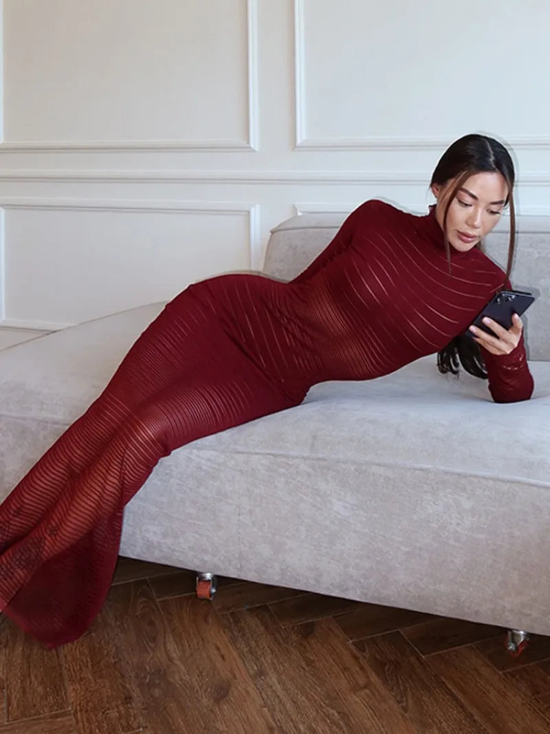 Ingvn  Autumn Winter Striped See-through Knitted Long Dress Streetwear Sexy Women's Half High Collar Bodycon Evening Party Dresses