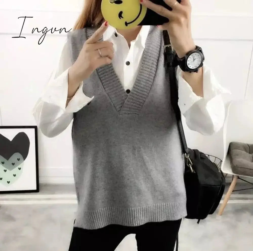 Ingvn - Fashion Women Knitted Vest Pullovers V Neck Sleeveless Houndstooth Knitted Jumper Pullovers Korean Loose Plaid Sweater Vest