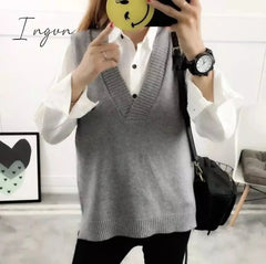 Ingvn - Fashion Women Knitted Vest Pullovers V Neck Sleeveless Houndstooth Knitted Jumper Pullovers Korean Loose Plaid Sweater Vest