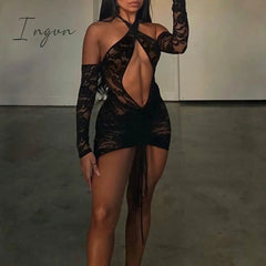 Ingvn - Tassel Stitching Sexy Dress For Women Evening Clubbing Party Square Collar Halter Hollow Out Backless Lace Mini Dress