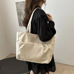 Ingvn  Casual Early Autumn Women Nylon Large Capacity Smooth Shoulder Bag Commuter Supple Solid Colour Ruched Outer Pocket Handle Bag