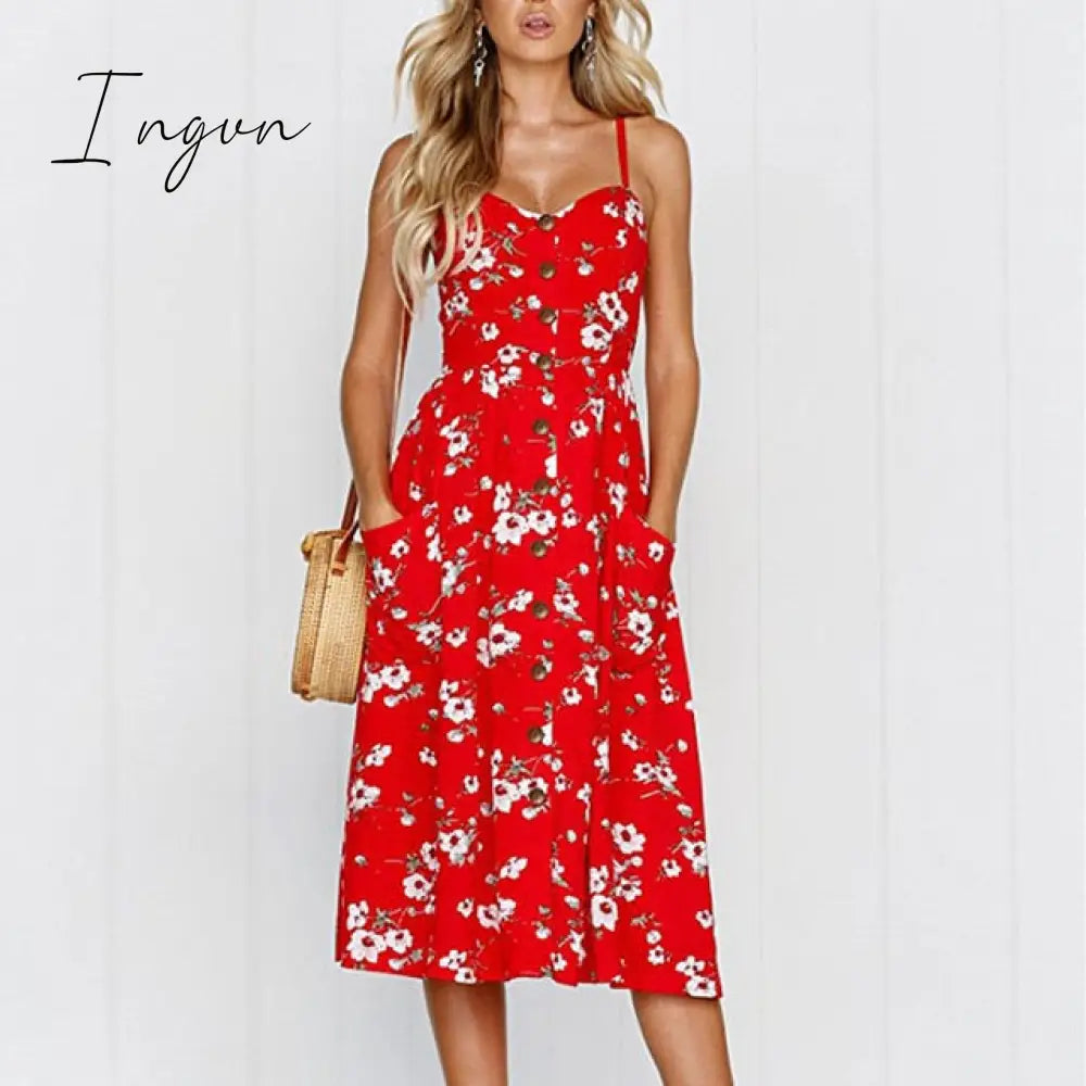 Ingvn - Vintage Casual Sundress Female Beach Dress Midi Button Backless Polka Dot Striped Women Dress Summer Boho Sexy Floral Dress