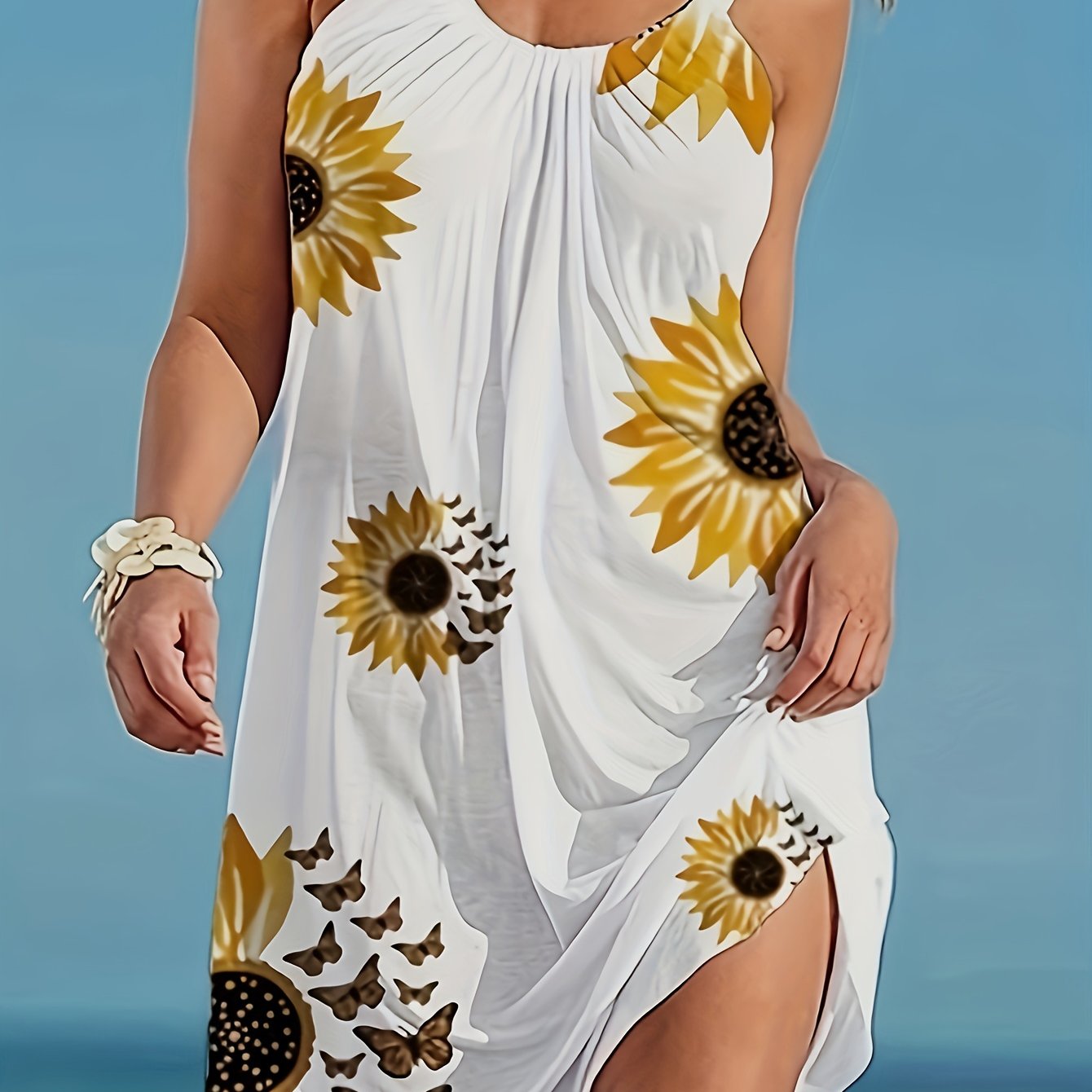Sunflower Print Cami Dress, Vacation Sleeveless Loose Dress For Summer, Women's Clothing