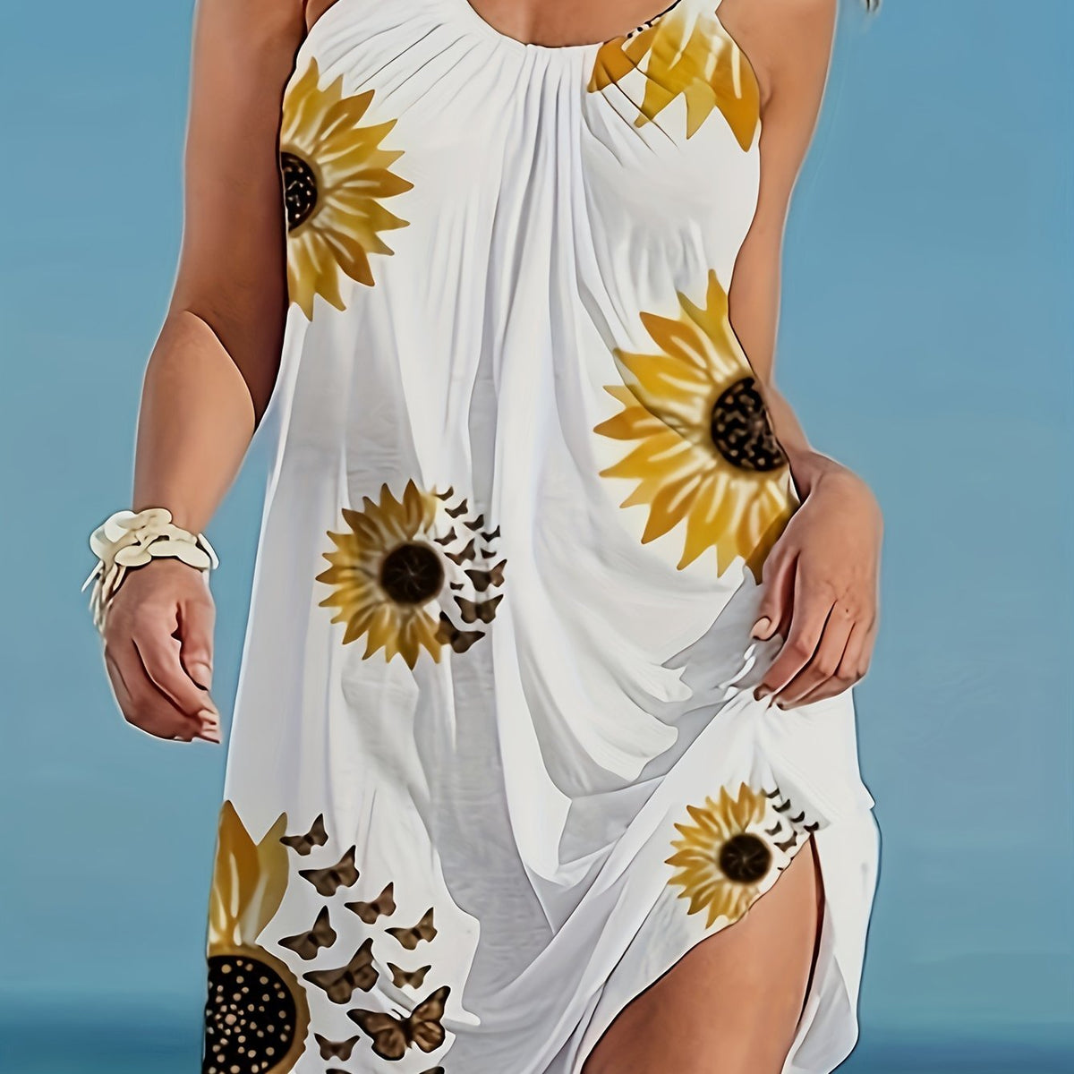 Sunflower Print Cami Dress, Vacation Sleeveless Loose Dress For Summer, Women's Clothing