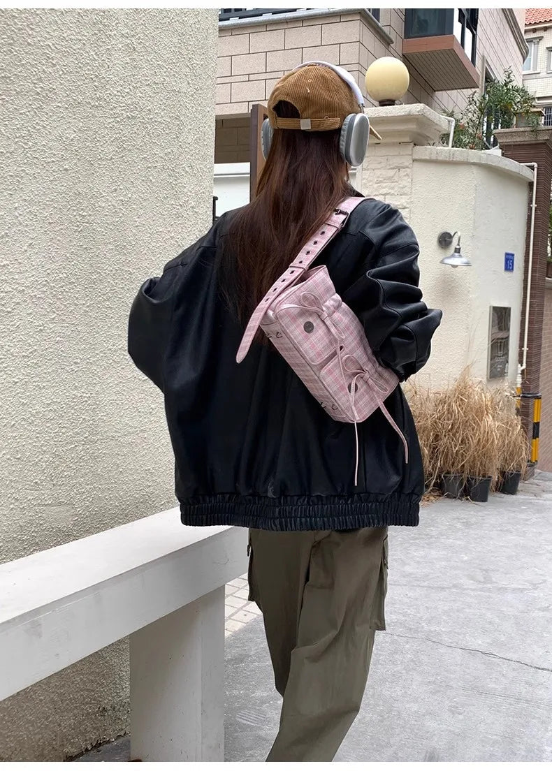 INGVN   Plaid Pink Women Shoulder Bag Pleated Casual Sweet Cute New Fashion Leather Handbag Literary Exquisite Designer Armpit Bag