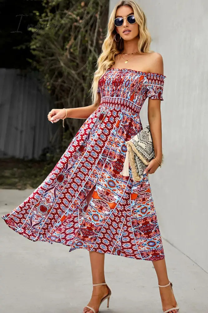 Ingvn - Bohemian Off-Shoulder Frill Trim Split Dress