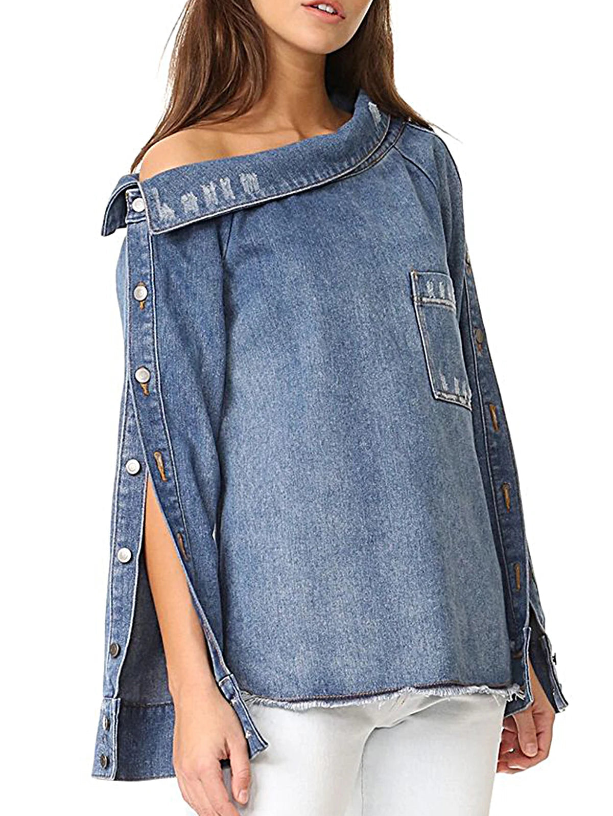 Women Fashion Single Shoulder Asymmetrical Denim Smock Blouse Femme Chic Pocket Buttons Shirt Chemise Blusas Tops
