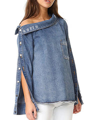 Women Fashion Single Shoulder Asymmetrical Denim Smock Blouse Femme Chic Pocket Buttons Shirt Chemise Blusas Tops