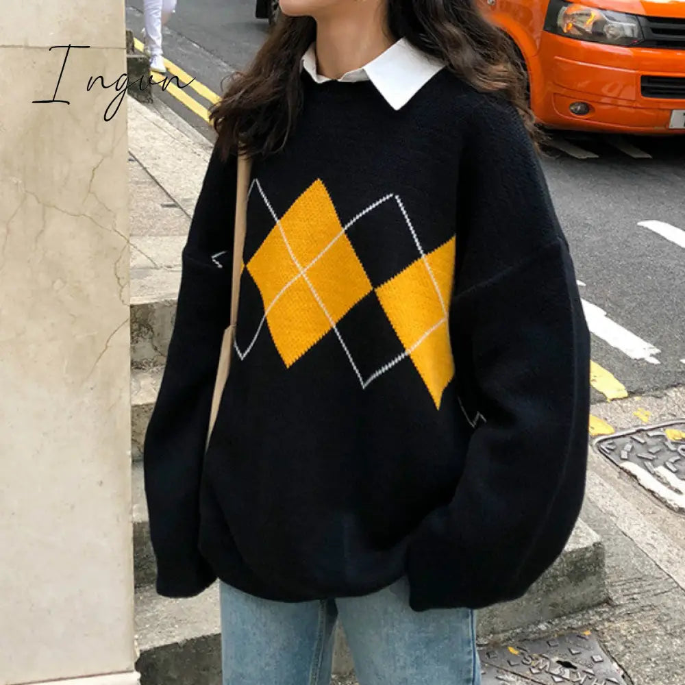 Ingvn - Women Knitted Sweater Fashion Oversized Pullovers Ladies Winter Loose Sweater Korean College Style Women Jumper Sueter Mujer