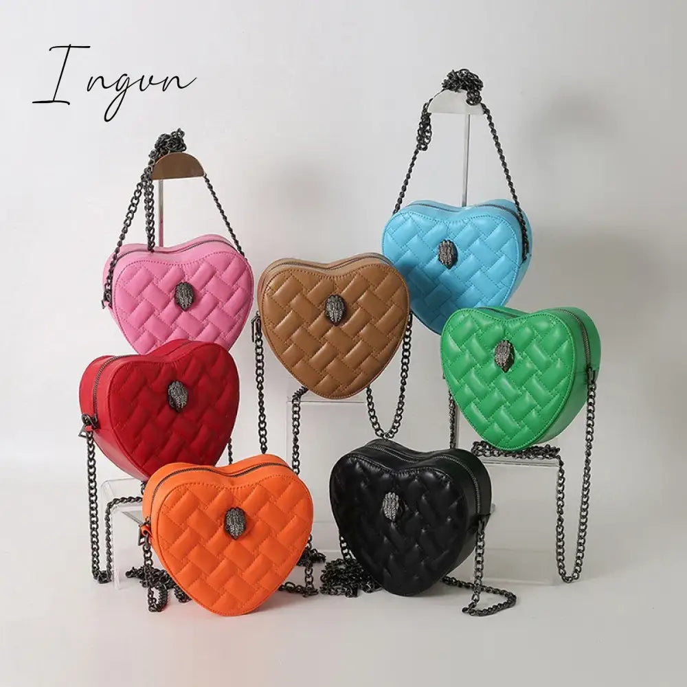 Ingvn - Women Simple Handbag Colorful Heart Shaped Bag 2024 Ladies Metal Shoulder Strap Crossbody Bag Eagle Pattern Design Rainbow Bag