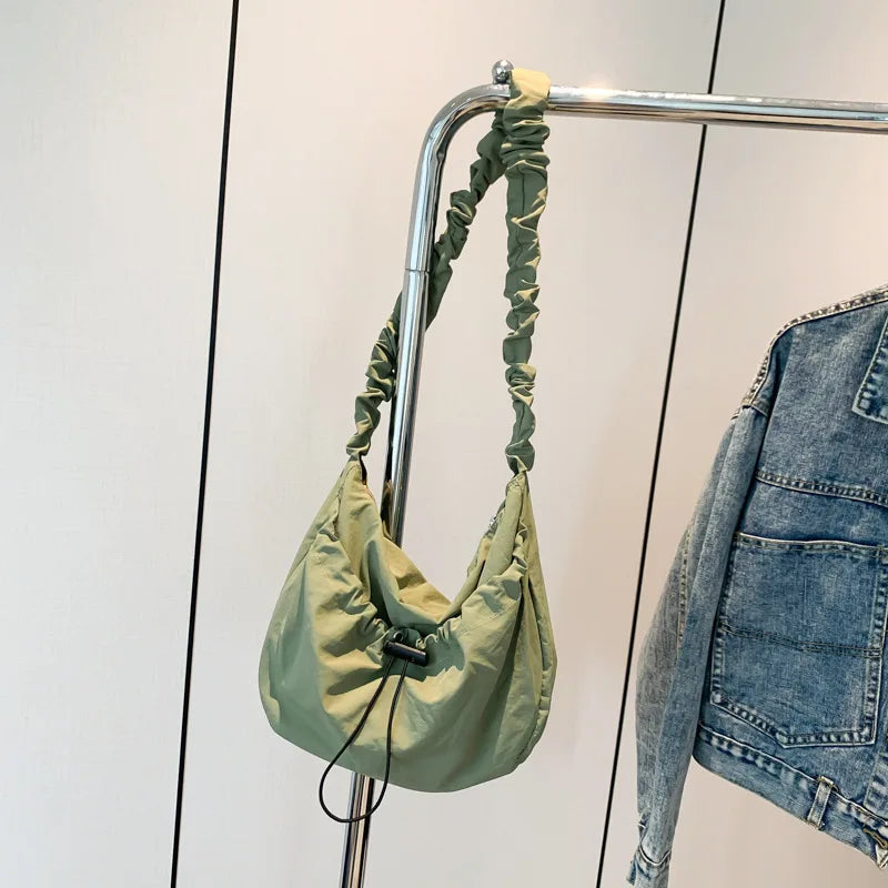 Ingvn  Soft Nylon Women's Drawstring Shoulder Bag Pleated Strap Female Hobos Crossbody Bags Large Capacity Ladies Solid Color Handbags
