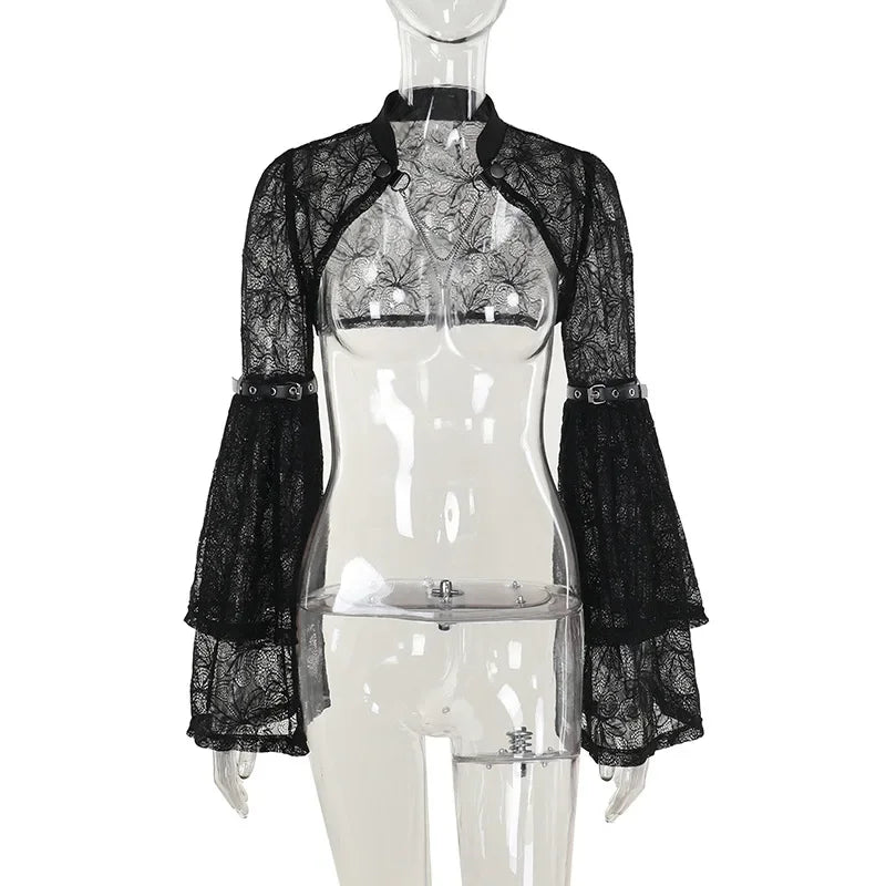 Y2K Gothic Black Lace Mesh See Through Flared Sleeve Smock Vintage Elegant Aesthetic Chains Women Fashion Tops Autumn