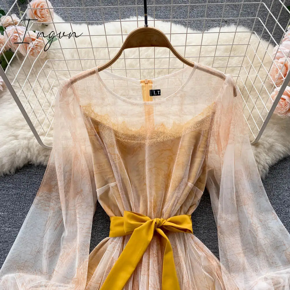 Ingvn - Elegant Women Mesh Dress Vintage Lantern Sleeves Printed Party Dresses Spring Summer Patchwork A Line Bandage Beach Dress