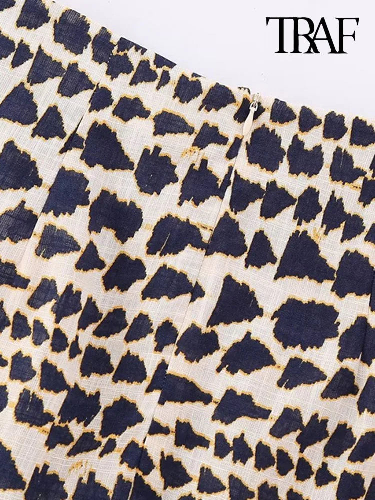 Women Fashion With Beaded Print Wrap Mini Skirt Vintage High Waist Back Zipper Female Skirts Mujer