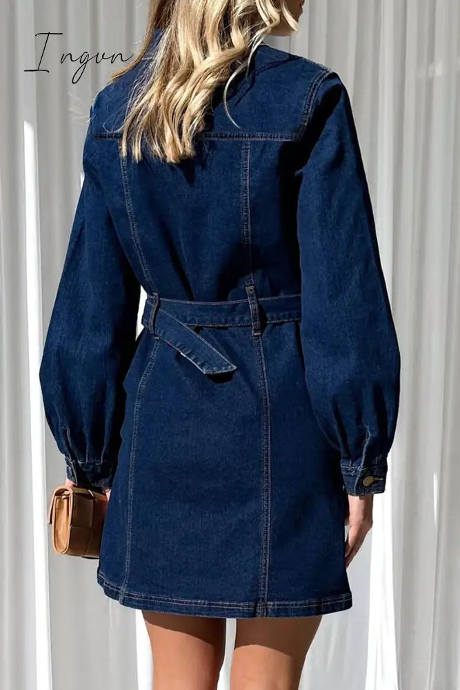 Ingvn - Casual Solid Pocket Buckle With Belt Turndown Collar Long Sleeve Straight Denim Dresses