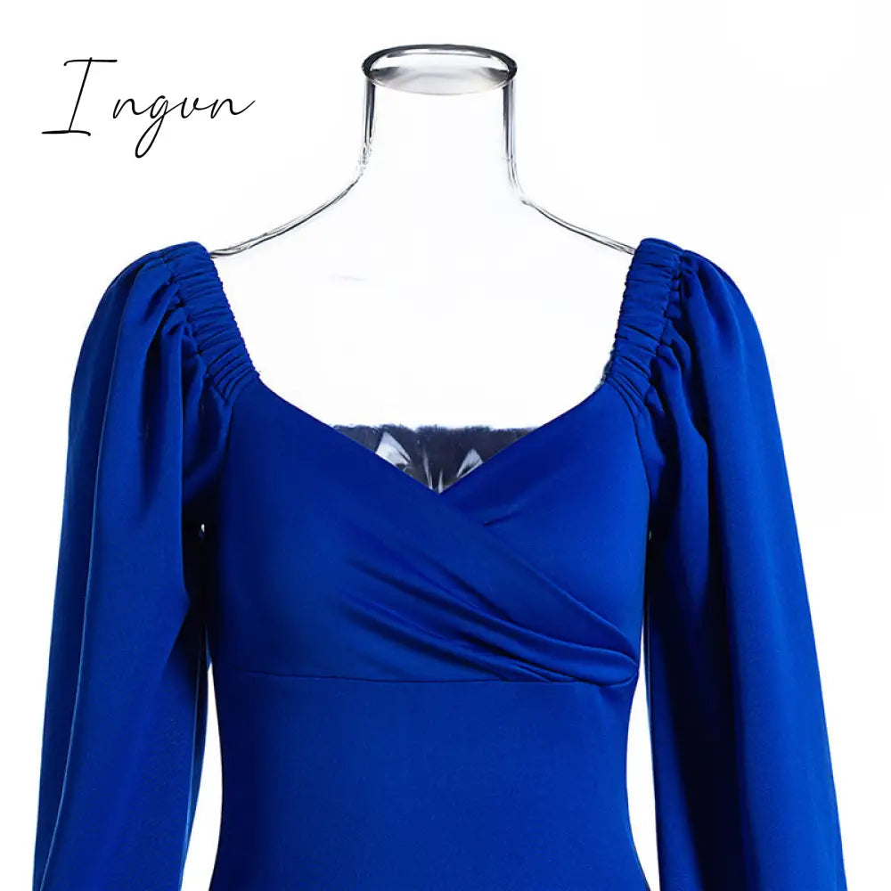 Ingvn - Midi Night Dress Women Long Puff Sleeve A-LINE Ruffled Backless Bodycon Sexy Dress Autumn Winter Elegant Office Lady Prom