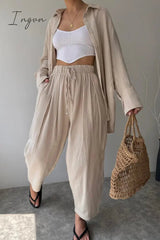 Ingvn - Daily Simplicity Solid Pocket Turndown Collar Long Sleeve Two Pieces