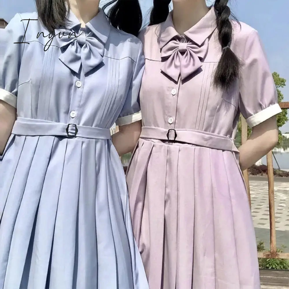 Ingvn - Harajuku Sailor Collar Navy Dress Japanese Lolita Sweet Bow-knot Girl Retro Cotton Kawaii Preppy Style Short Sleeve Dress Women