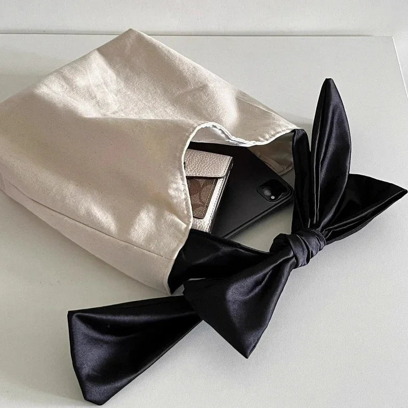 INGVN  Korean Sweet Y2k Fashion Shoulder Underarm Bag Casual Canvas Simple Clutches Trendy Chic All Match Bow Design Purse and Handbags