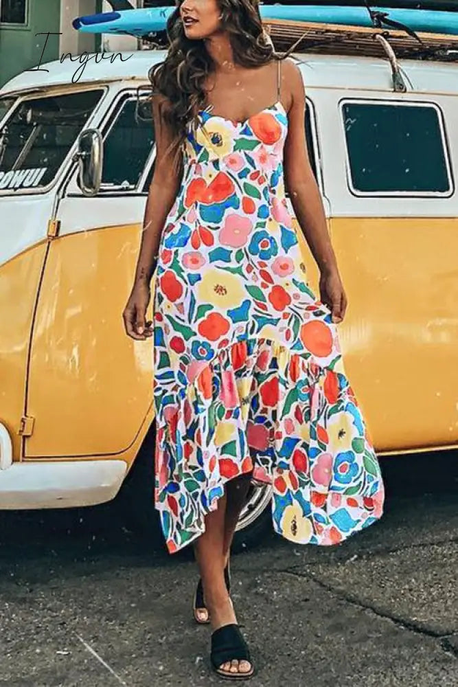 Ingvn -  Floral Printed Summer Backless Mid Calf Dress With Pocket