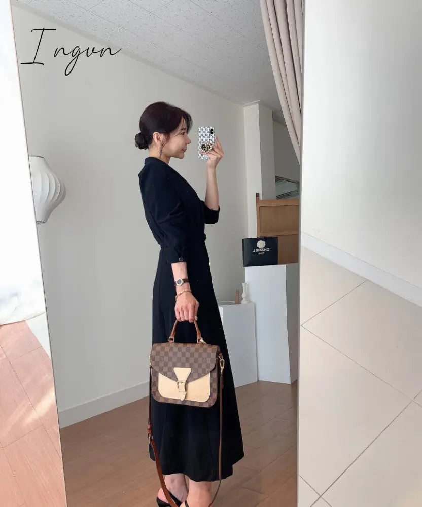 Ingvn - New French Spring Elegant Double Breasted Belted Sashes Women Suit Dress Autumn Office Long Sleeve Slim Waist Female Dress