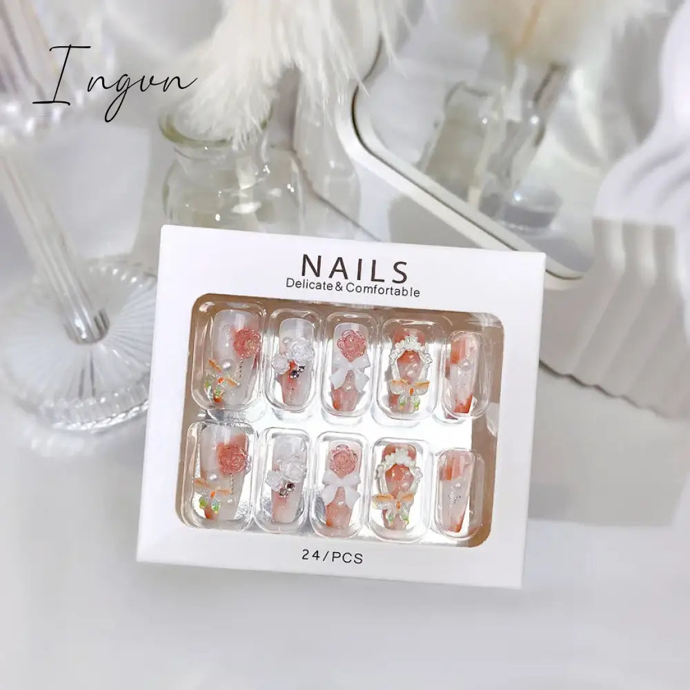 24PCS/Set Long Oval False Nails 3D Heart Sparkling French Press On Nails Pink Full Cover Fake Nail Crystal Gem Design Nails Tips