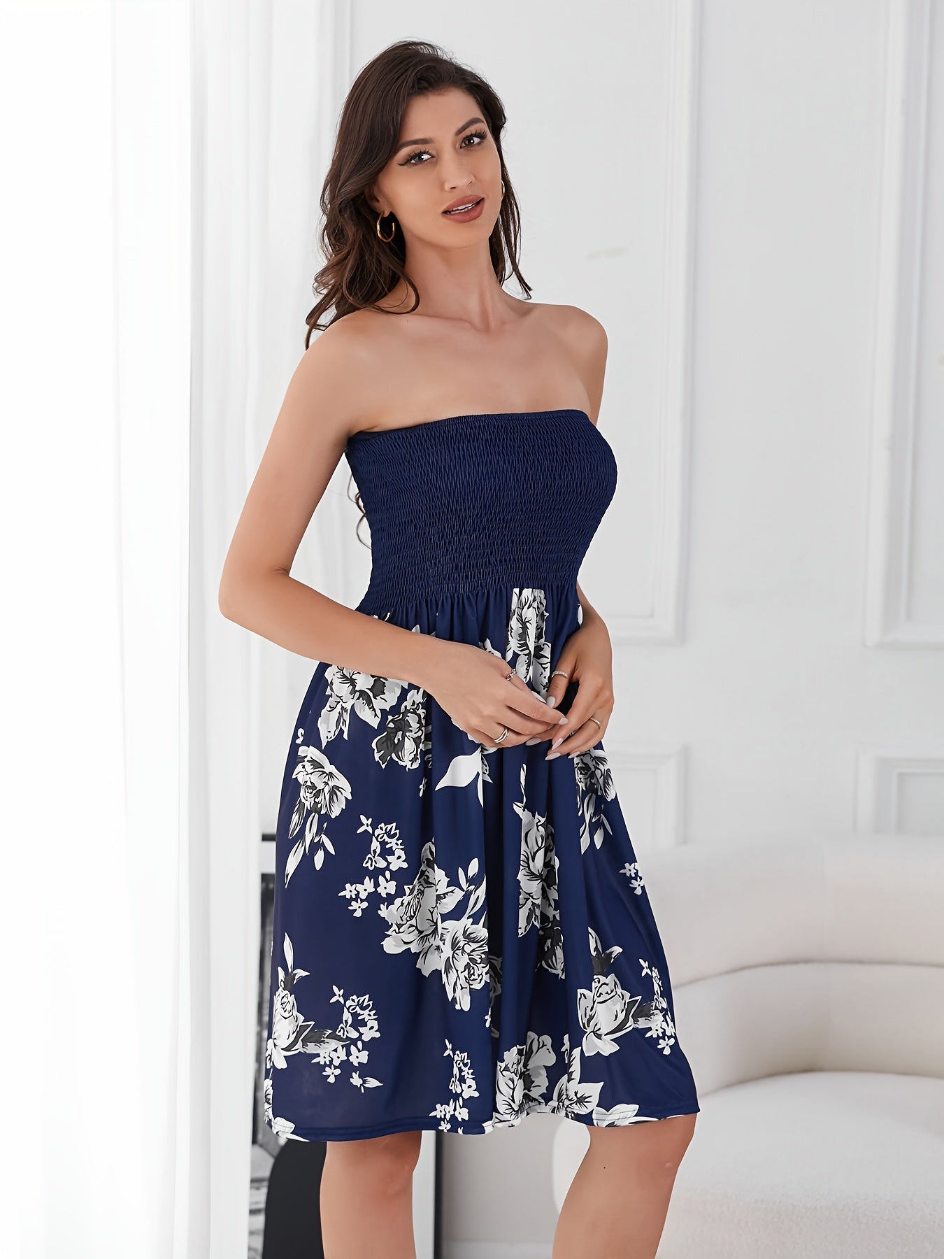 Vibrant Floral Print Tube Midi Dress - Sleeveless, Shirred, Bodycon, Feminine, Summer Essential - Women's Clothing, Sexy and Chic