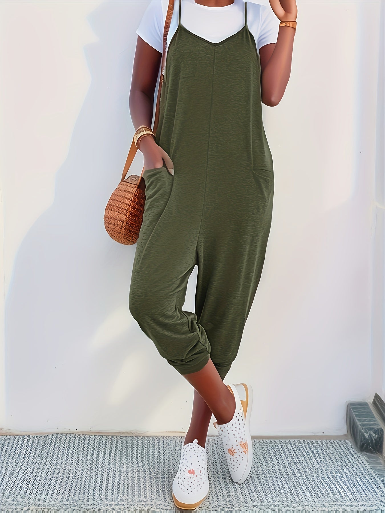 Solid Patched Pockets Overall Jumpsuit, Versatile V-neck Overall Jumpsuit For Spring & Summer, Women's Clothing