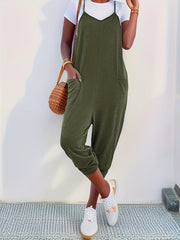Solid Patched Pockets Overall Jumpsuit, Versatile V-neck Overall Jumpsuit For Spring & Summer, Women's Clothing