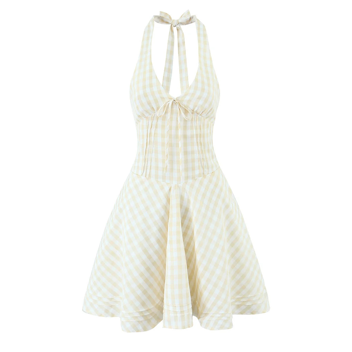 Sexy Backless Halter Mini Plaid Dress Women Deep V  Lacing Up Bandage Back A-line  Holiday Summer Dresses Short Robe