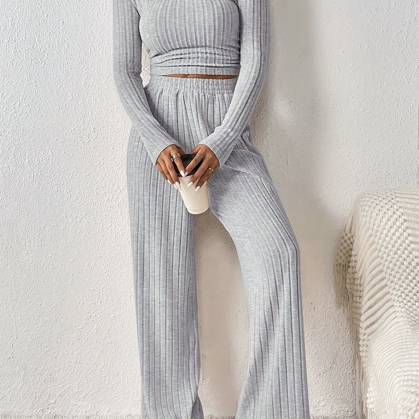 Women'S Fashion Set, Long Sleeve Round Neck Crop Top with Wide Leg Pants, Solid Color, Polyester Knit, Autumn/Winter Collection