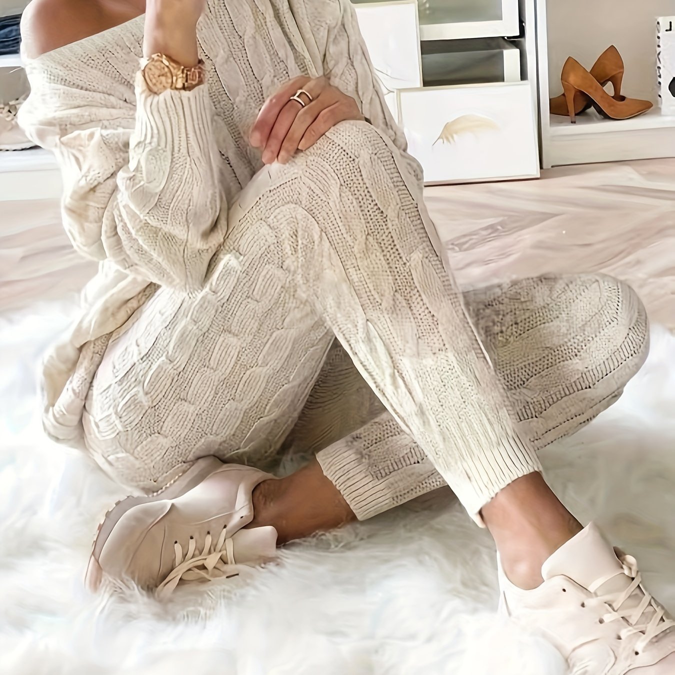 Solid Knitted Matching Two-piece Set, Casual Long Sleeve Sweater & Pants Outfits, Women's Clothing