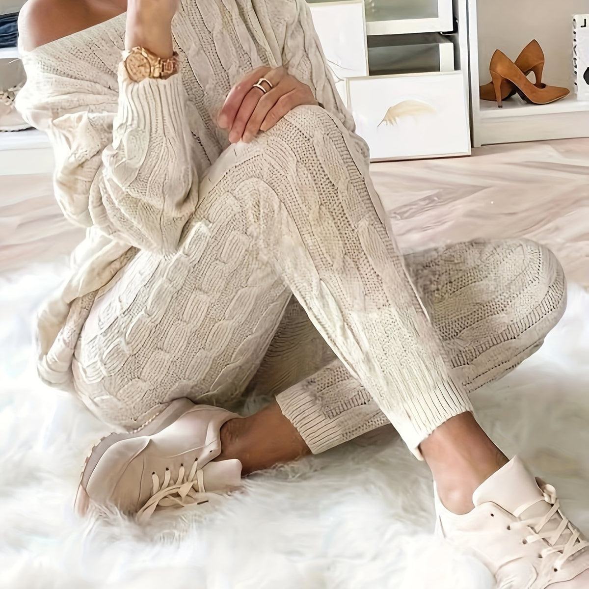 Solid Knitted Matching Two-piece Set, Casual Long Sleeve Sweater & Pants Outfits, Women's Clothing