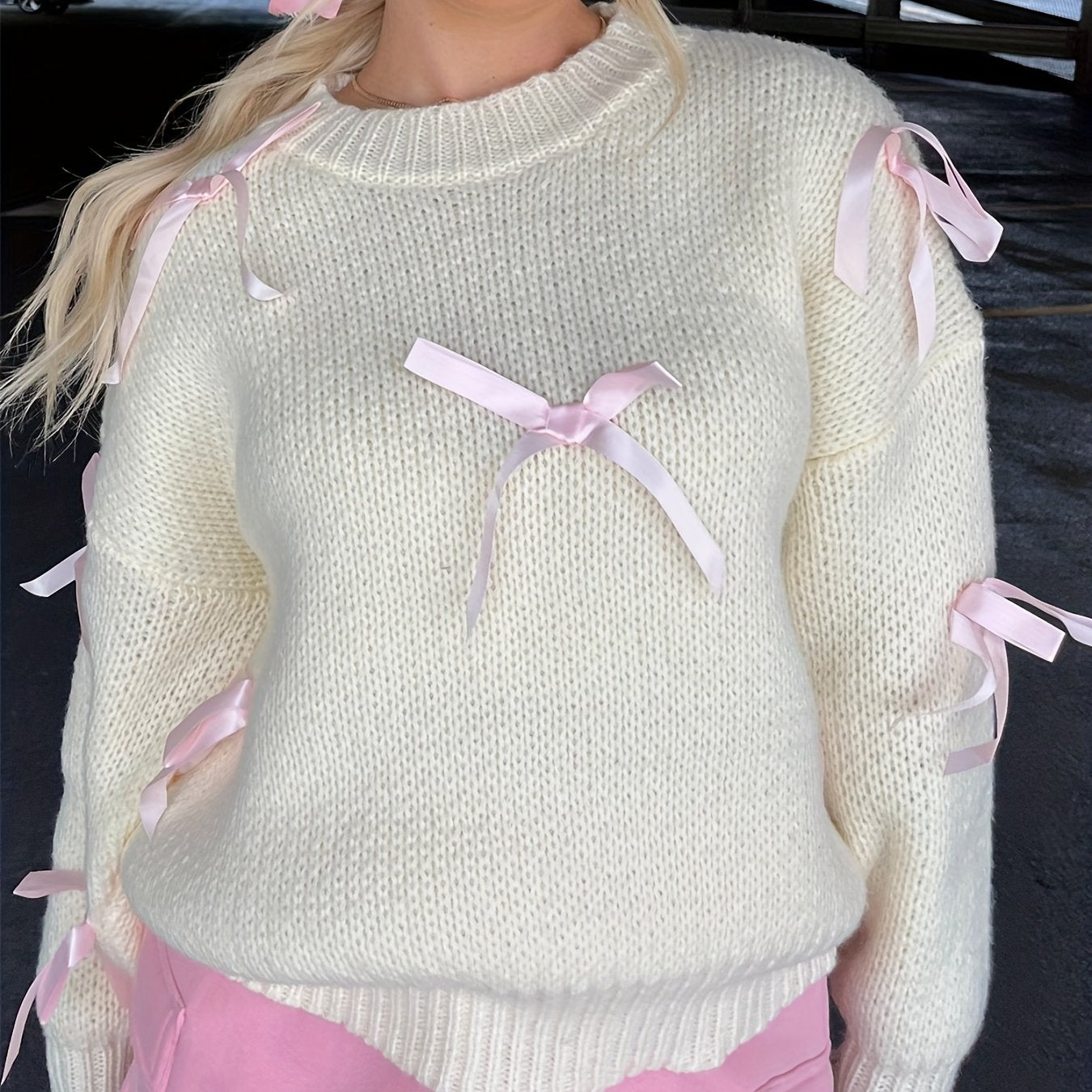 1pc Y2K Style Women'S Acrylic Knit Pullover Sweater - Crew Neck, Long Sleeve, Solid Color with Satin Bow Accents, Medium Stretch Fabric, Regular Length - Spring/Fall Fashion