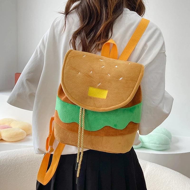 INGVN  Large Capacity Plush Backpacks Lovely Cartoon Hamburger Backpack Drawstring School Bag Travel Backpack for Students