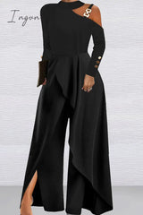 Ingvn - Elegant Solid Patchwork Buttons Metal Accessories Decoration Halter Loose Jumpsuits