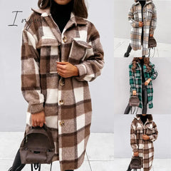 Ingvn - Lapel Single-breasted Double-pocket Plaid Coat