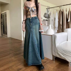 Spring and Summer New Sweet Cool Retro Old Denim Skirt Women's High Waist A- line Large Skirt Long Skirt Hip Skirt